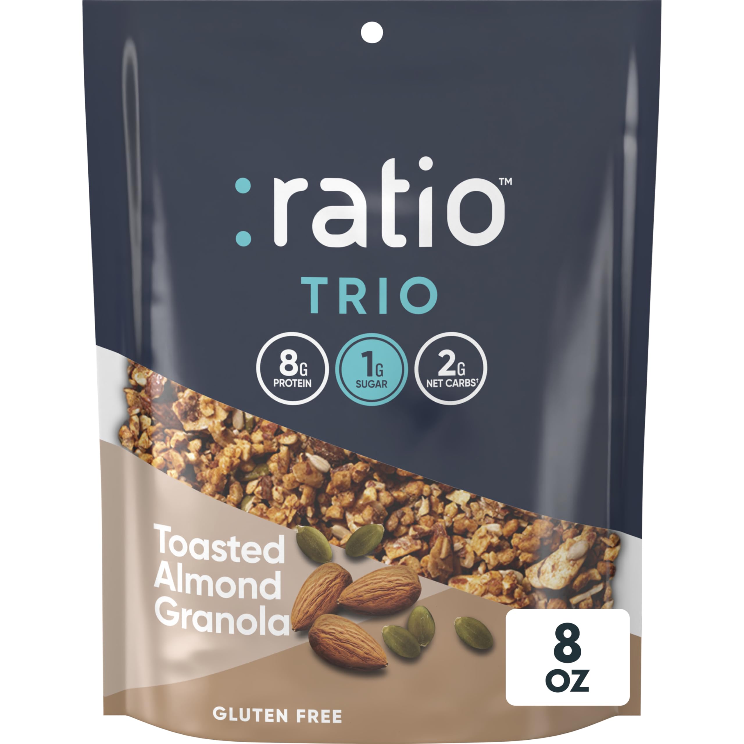 Ratio Trio Toasted Almond Granola bag showcases keto-friendly crunch in a resealable package.