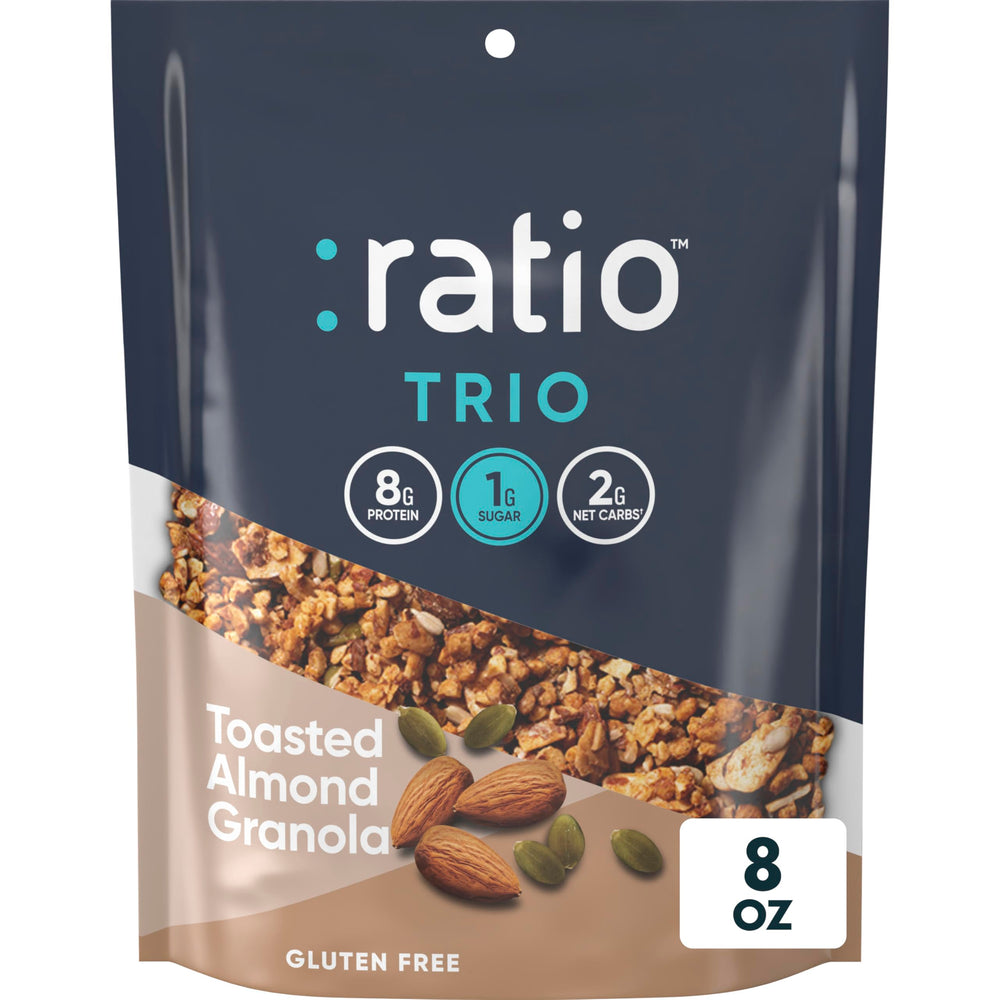 Ratio Trio Toasted Almond Granola bag showcases keto-friendly crunch in a resealable package.
