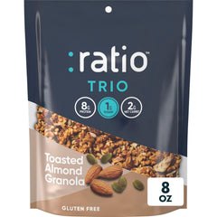 Ratio Trio Toasted Almond Granola bag showcases keto-friendly crunch in a resealable package.