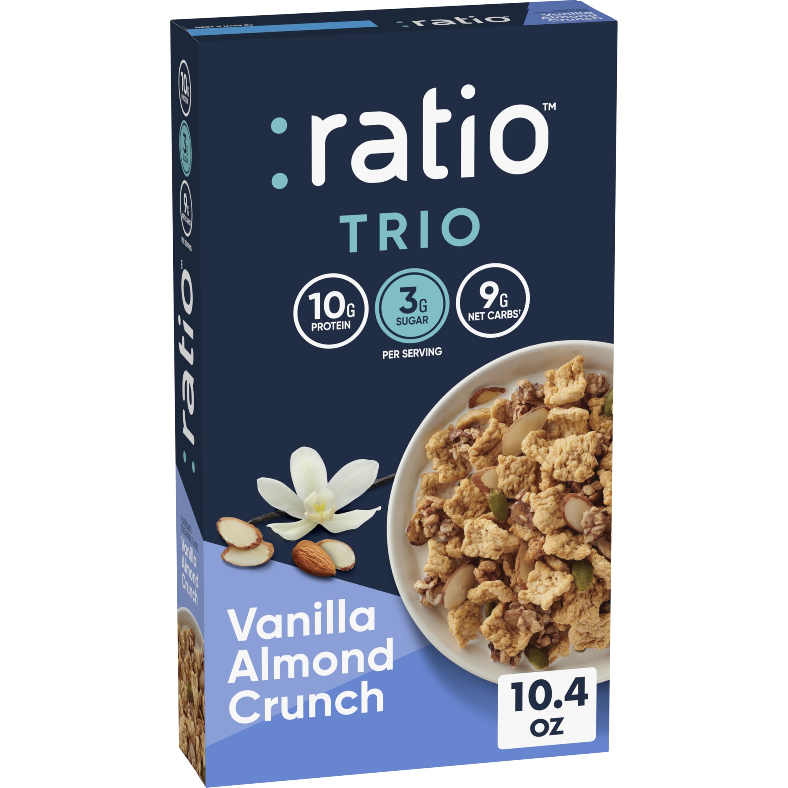 Ratio Trio Vanilla Almond Crunch cereal box shown for keto-friendly breakfast option.
