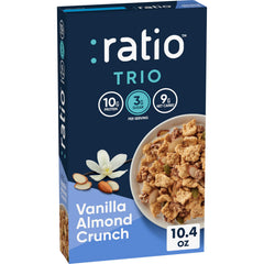 Ratio Trio Vanilla Almond Crunch cereal box shown for keto-friendly breakfast option.