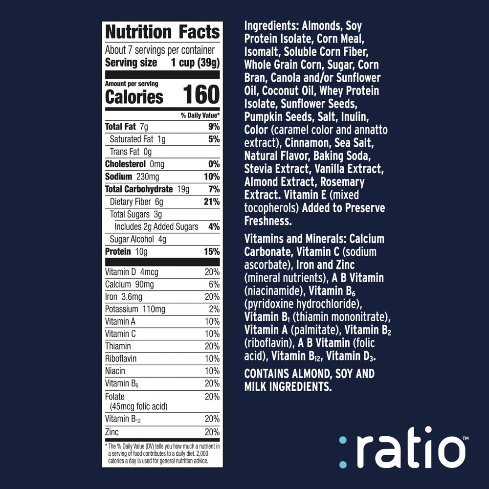 Ratio Trio Vanilla Almond Crunch cereal serving bowl highlights protein-rich start to the day.