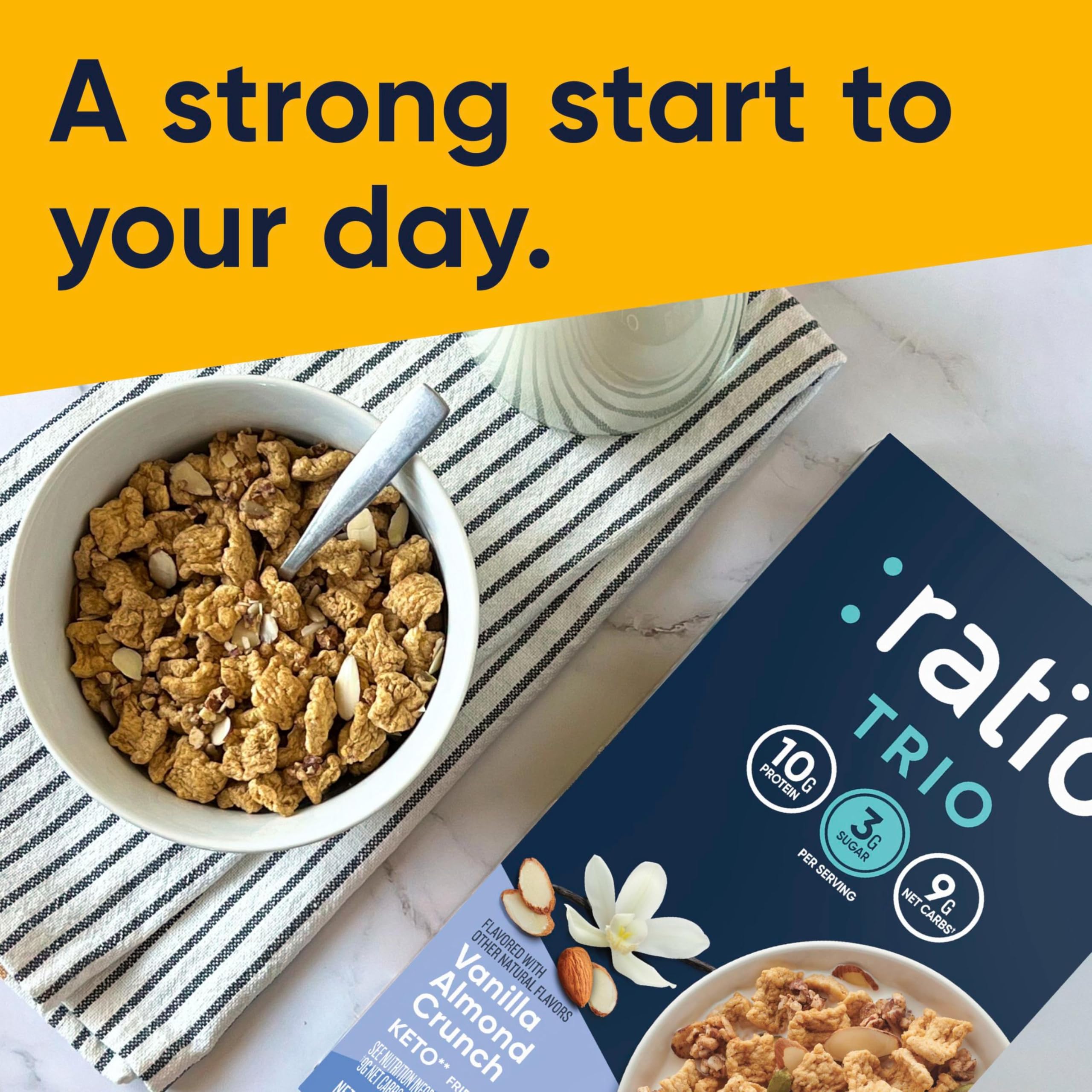 Ratio Trio cereal with sliced almonds, wholesome crunchy bites.
