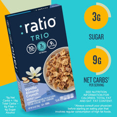 Ratio Trio cereal with milk image demonstrates a quick high-protein breakfast.