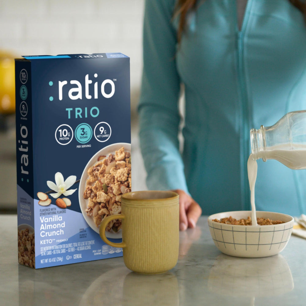 Ratio yogurt topping with Ratio Trio cereal, versatile protein pairing.