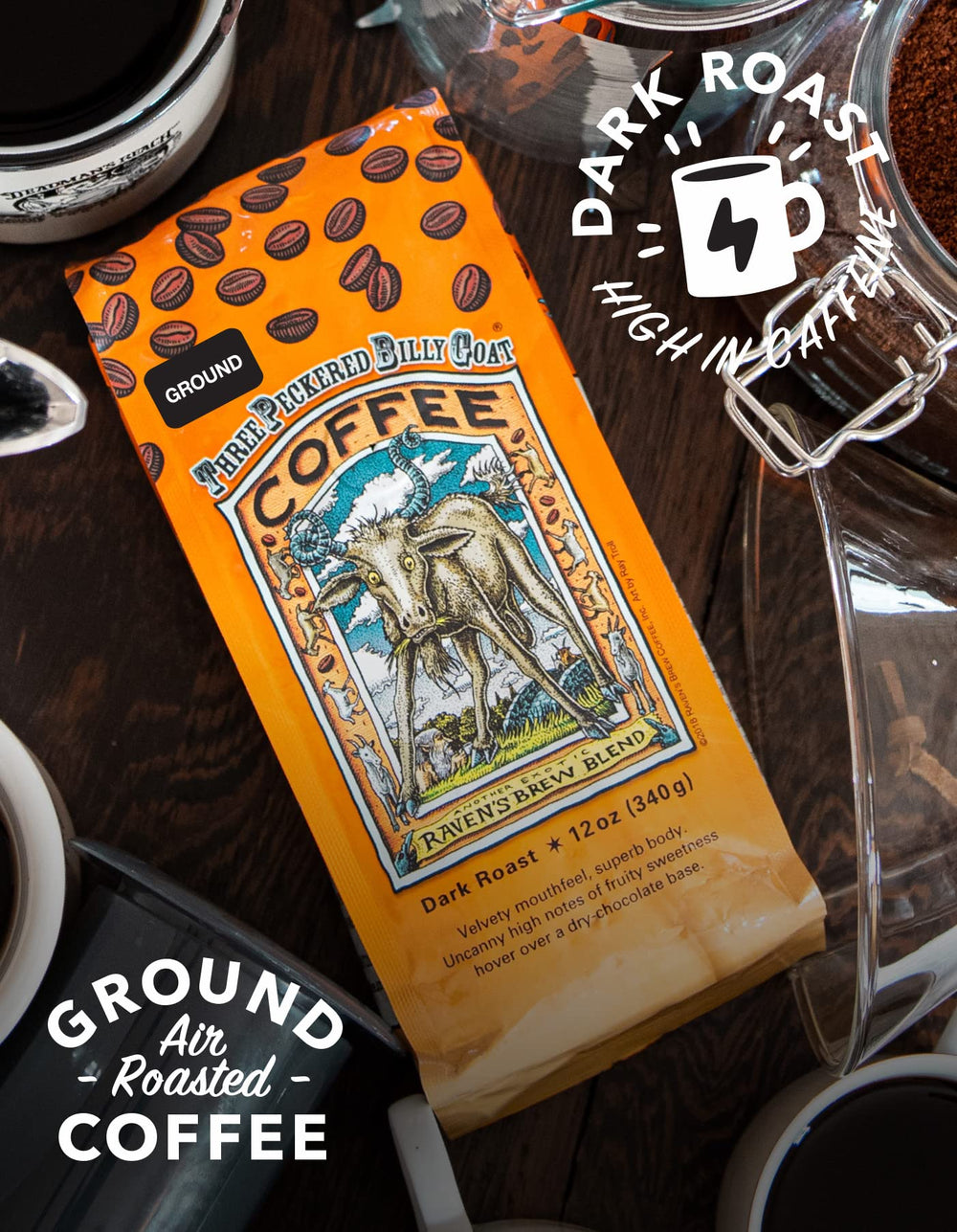 Raven's Brew high caffeine dark roast ground coffee for bold mornings