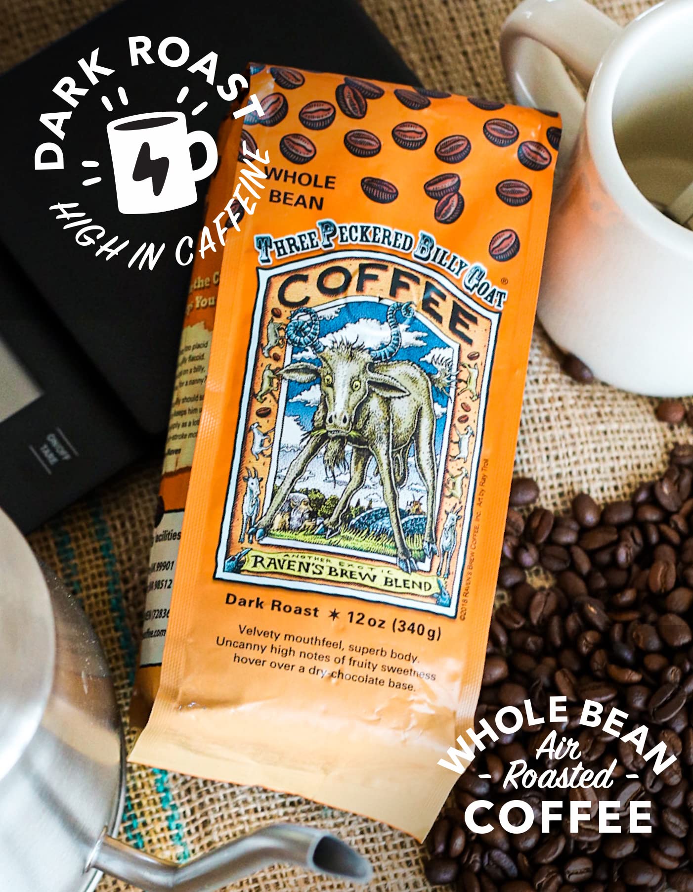 Raven's Brew Three Peckered Billy Goat label on the bag emphasizes branding.