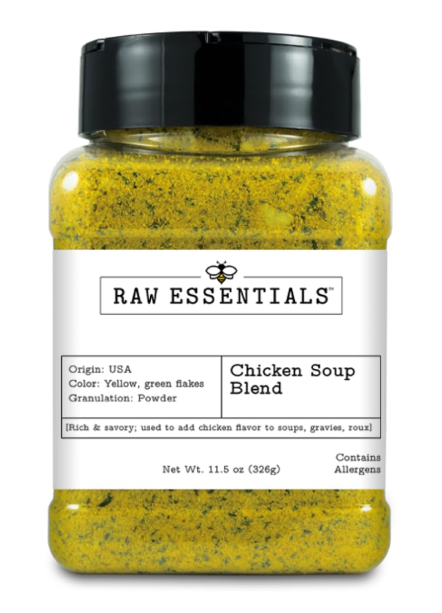 Raw Essentials Chicken Soup Blend bottle showcases bold seasoning for rich, umami soup flavor.