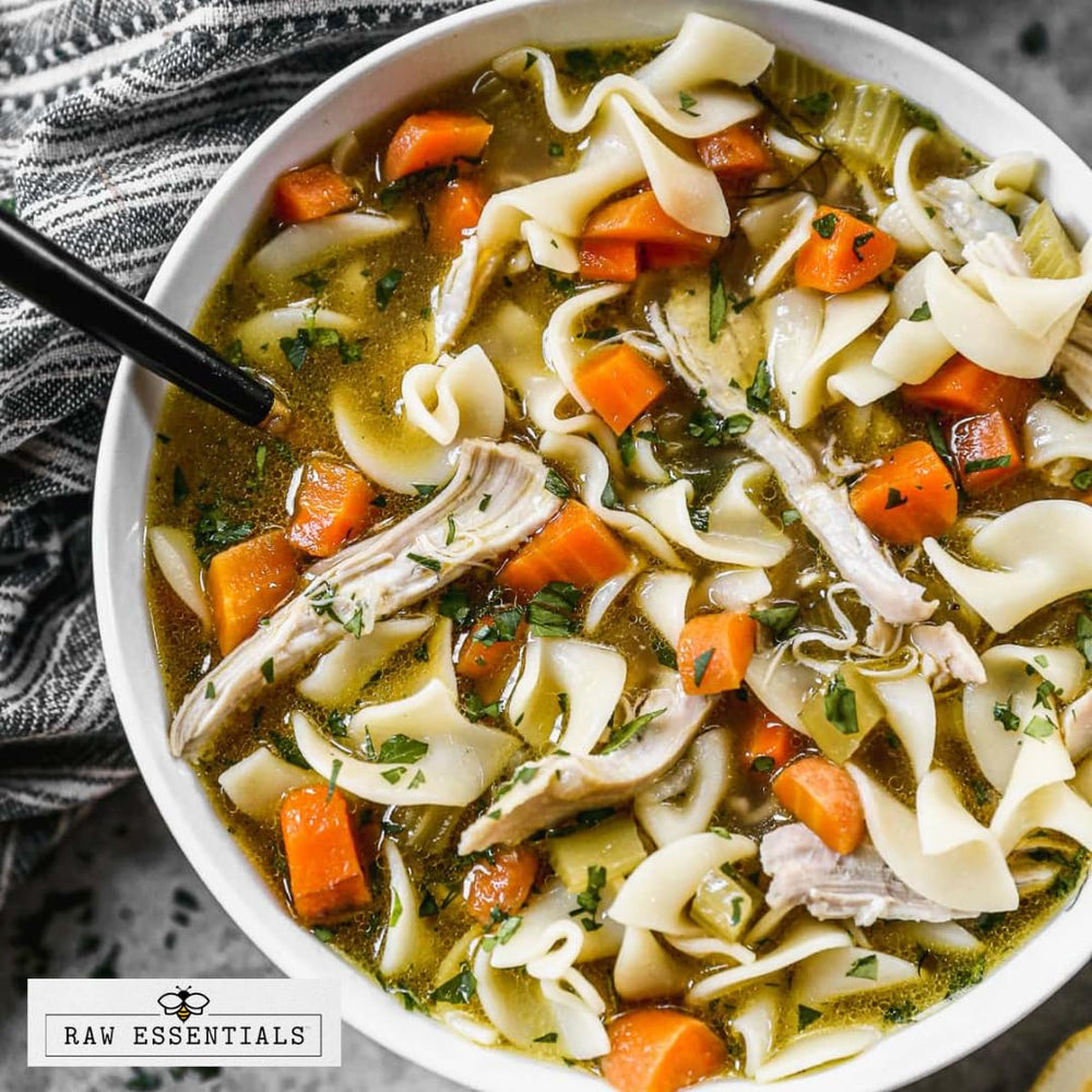 Raw Essentials Chicken Soup Blend ramen bowl highlighted for versatile, noodle-friendly seasoning.