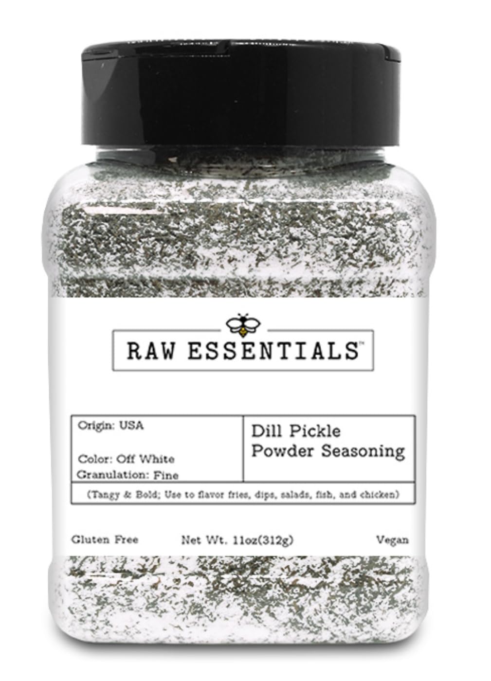 Raw Essentials Dill Pickle Powder bottle front, tangy seasoning for fries and snacks.