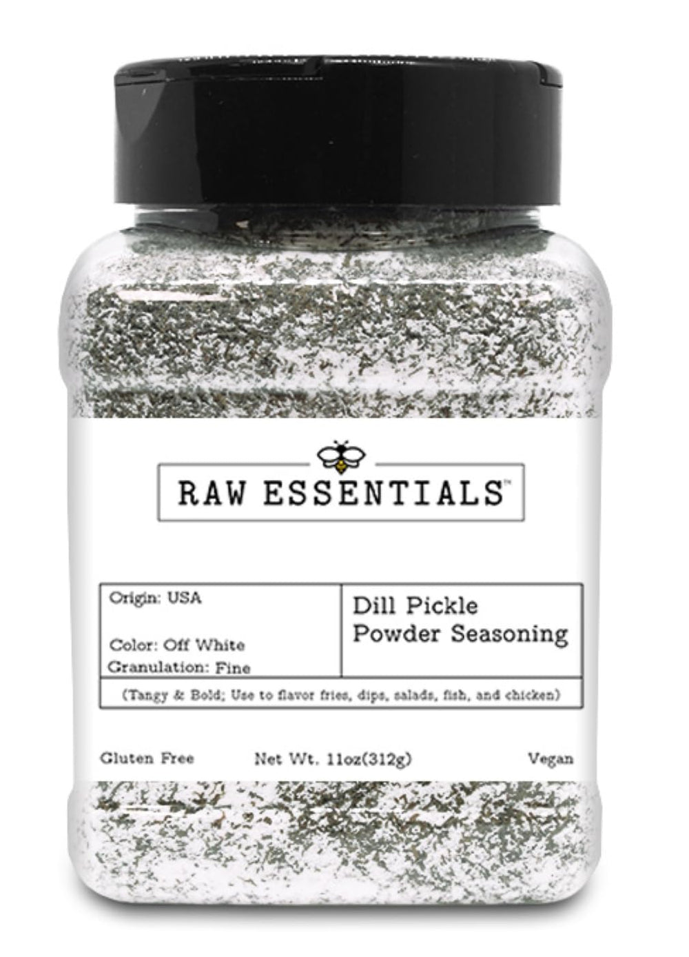 Raw Essentials Dill Pickle Powder bottle front, tangy seasoning for fries and snacks.