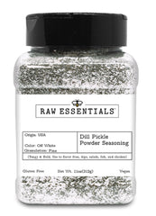 Raw Essentials Dill Pickle Powder bottle front, tangy seasoning for fries and snacks.