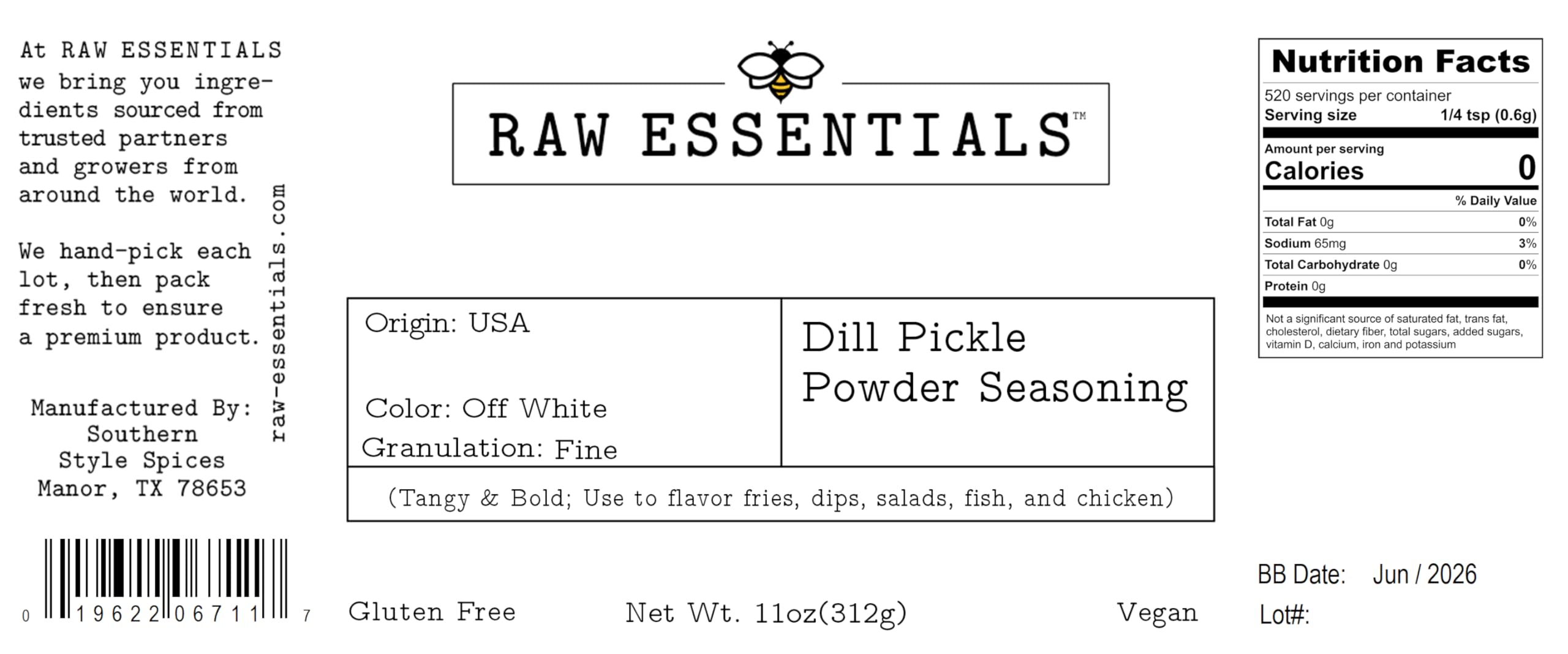Raw Essentials Dill Pickle Powder ingredients closeup, highlighting vegan and gluten-free blend.