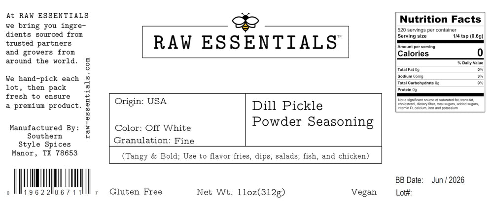 Raw Essentials Dill Pickle Powder ingredients closeup, highlighting vegan and gluten-free blend.