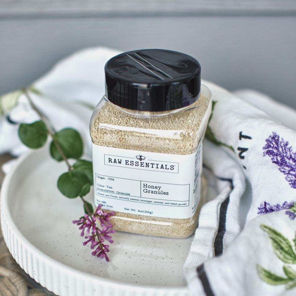 Raw Essentials Honey Granules ingredient label showing non-GMO and gluten-free features