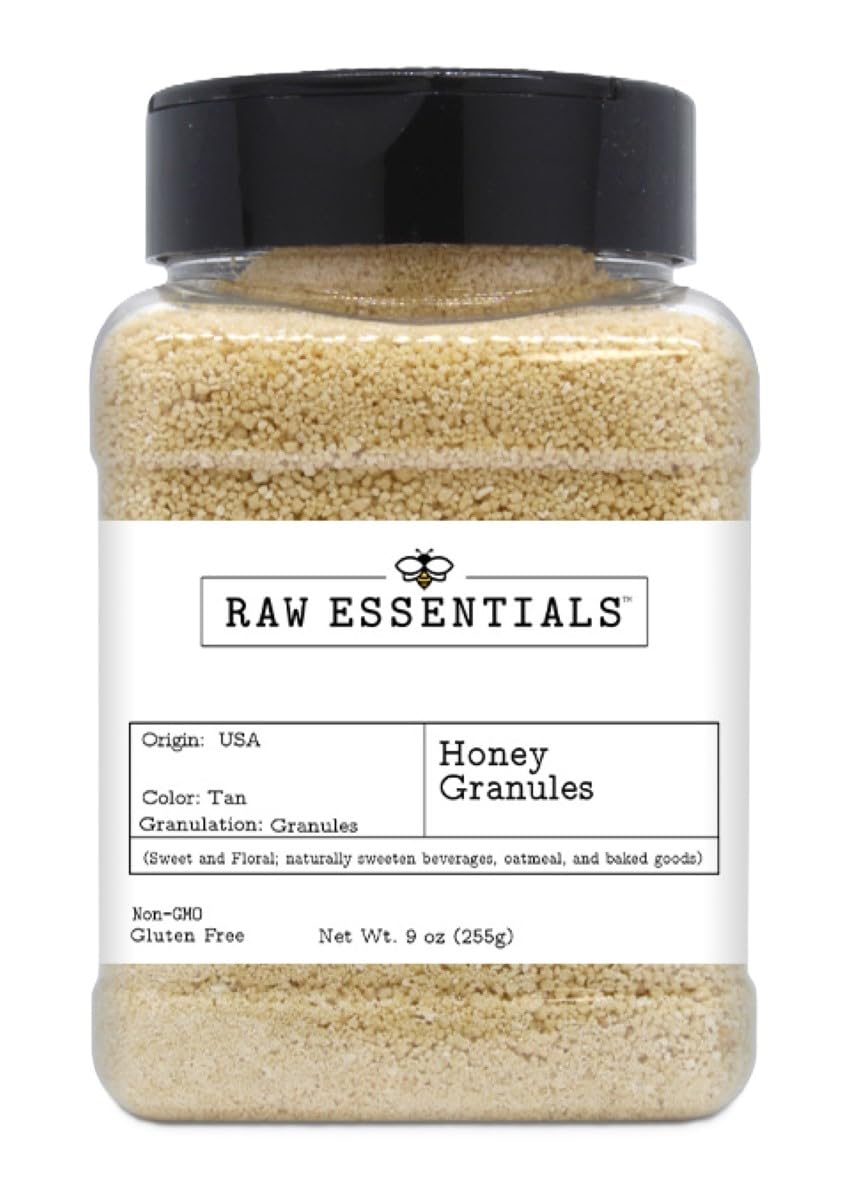 Raw Essentials Honey Granules in a jar front view, convenient pantry sweetness