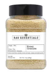 Raw Essentials Honey Granules in a jar front view, convenient pantry sweetness