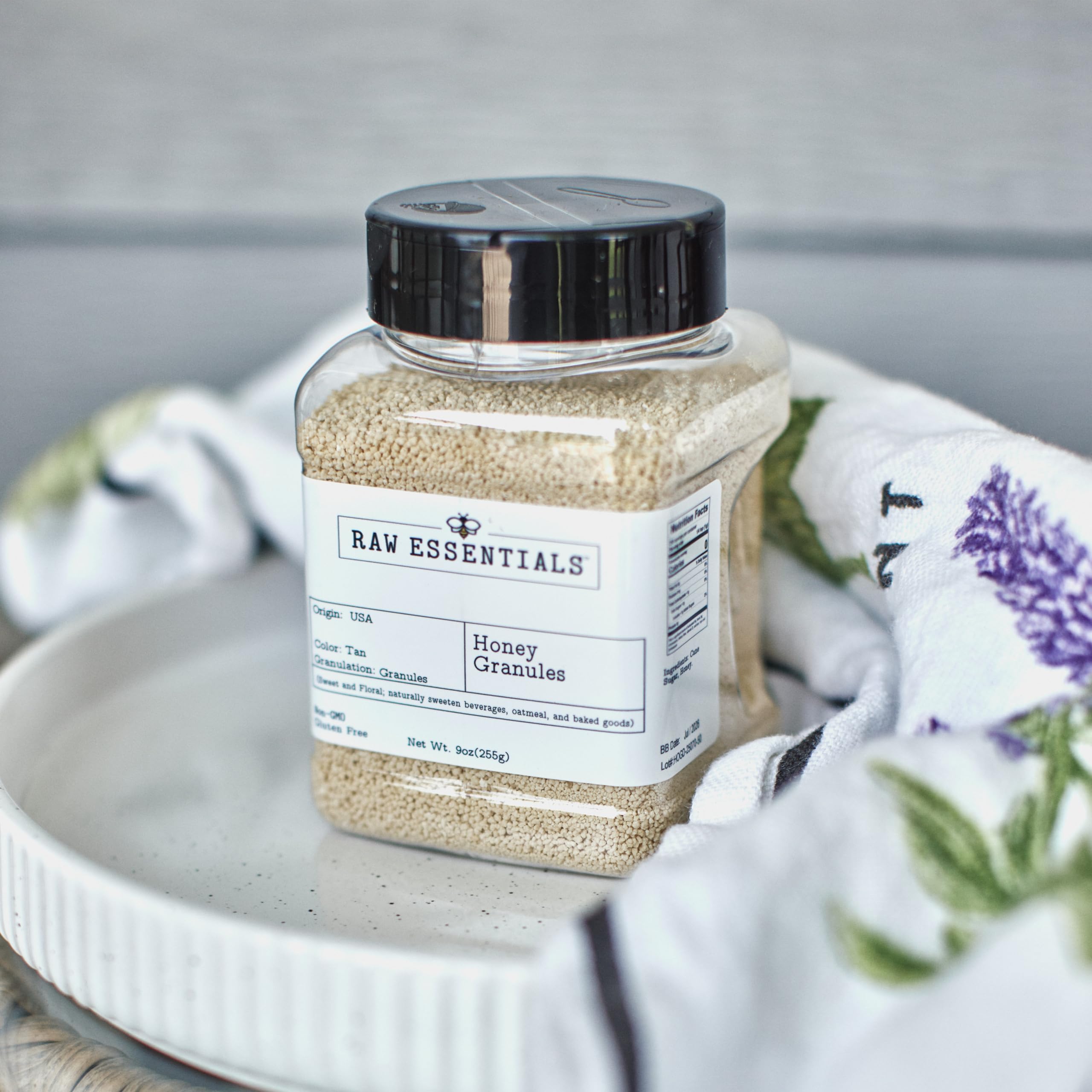 Raw Essentials Honey Granules stored in pantry, travel-friendly sweetness