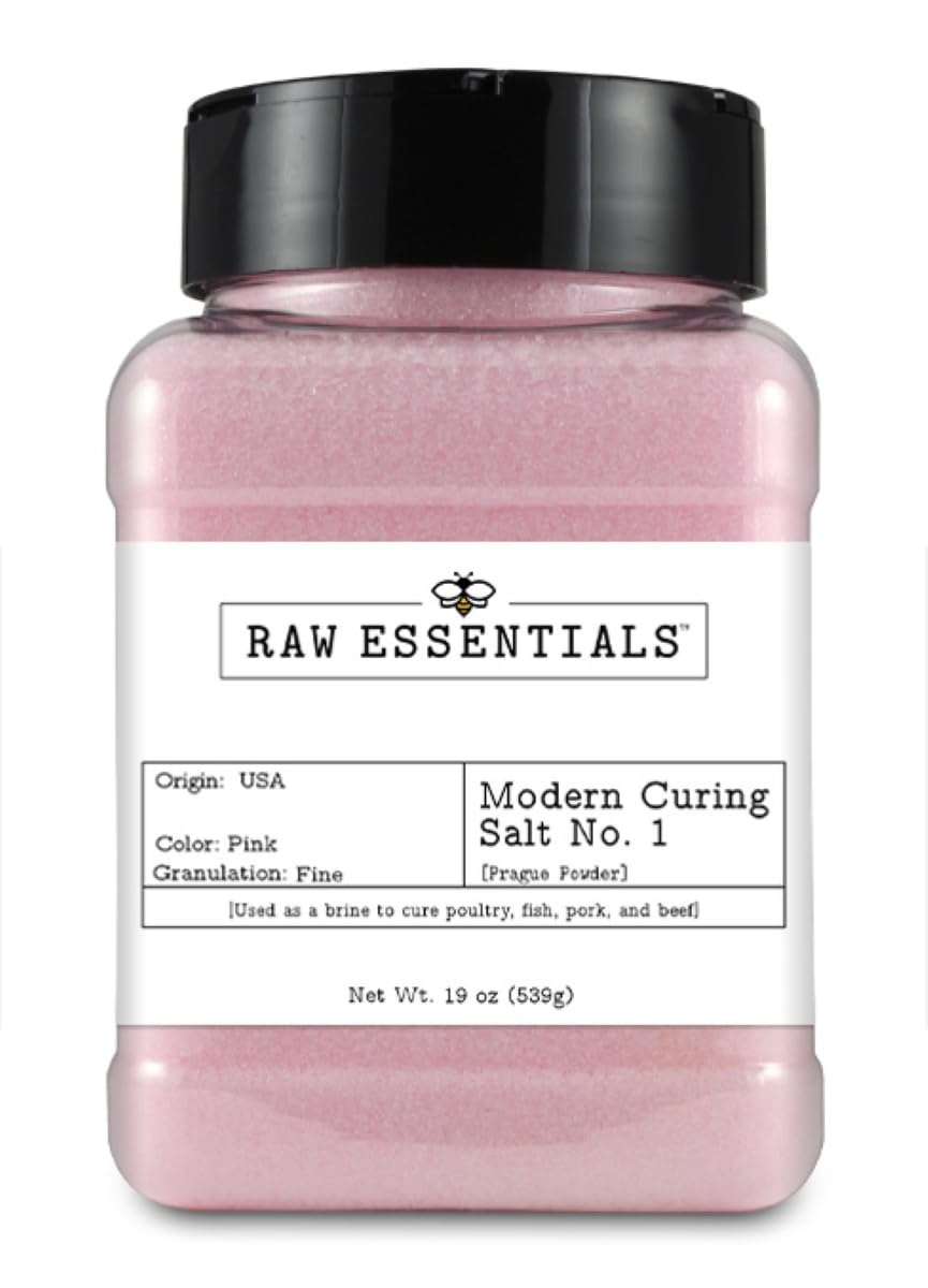 Raw Essentials Modern Curing Salt No. 1 bottle highlighting 6.25% nitrite for consistent curing.