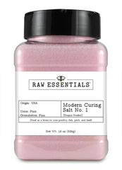 Raw Essentials Modern Curing Salt No. 1 bottle highlighting 6.25% nitrite for consistent curing.