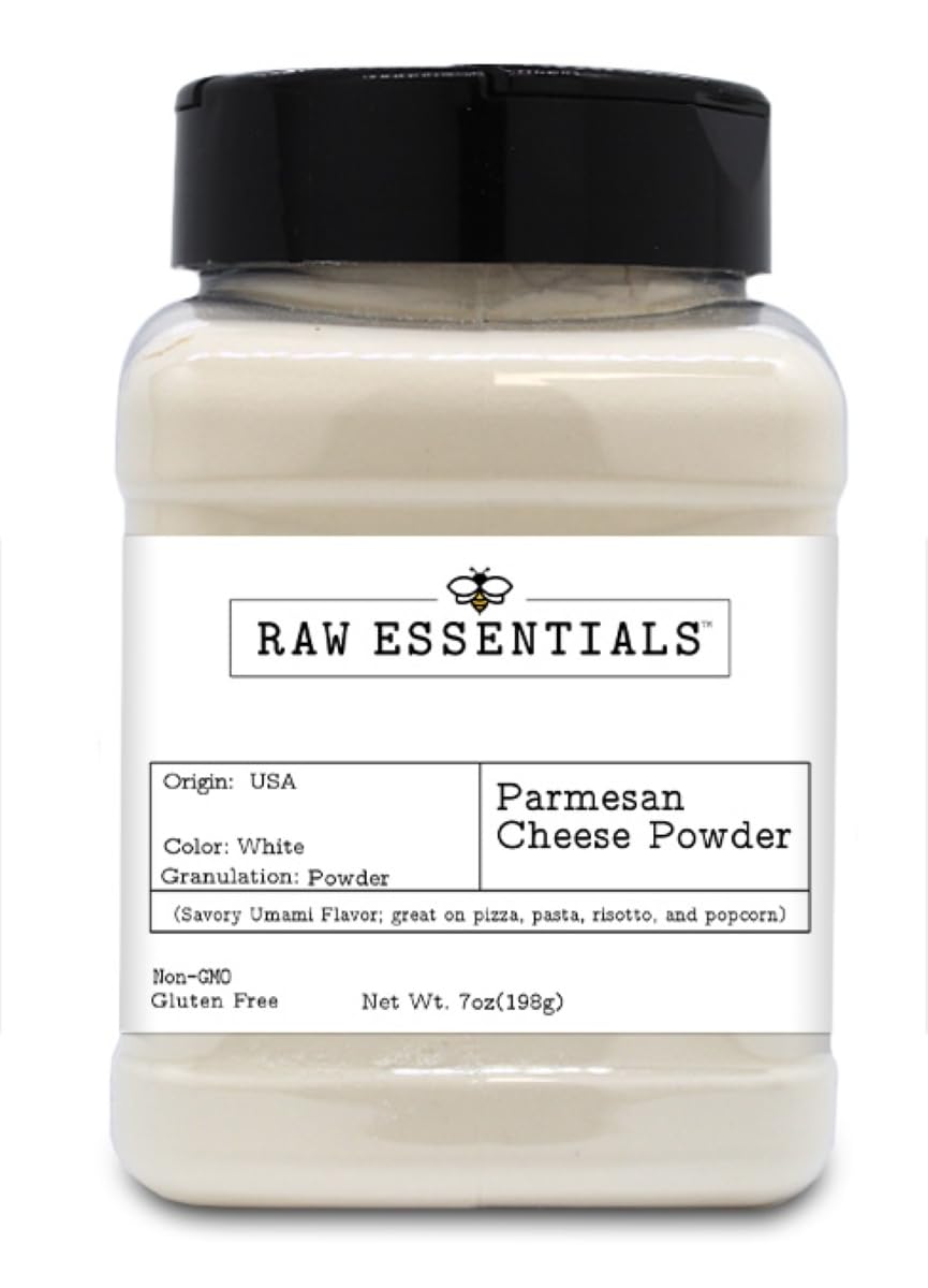 Raw Essentials Parmesan Cheese Powder bottle pouring for quick, savory flavor boost