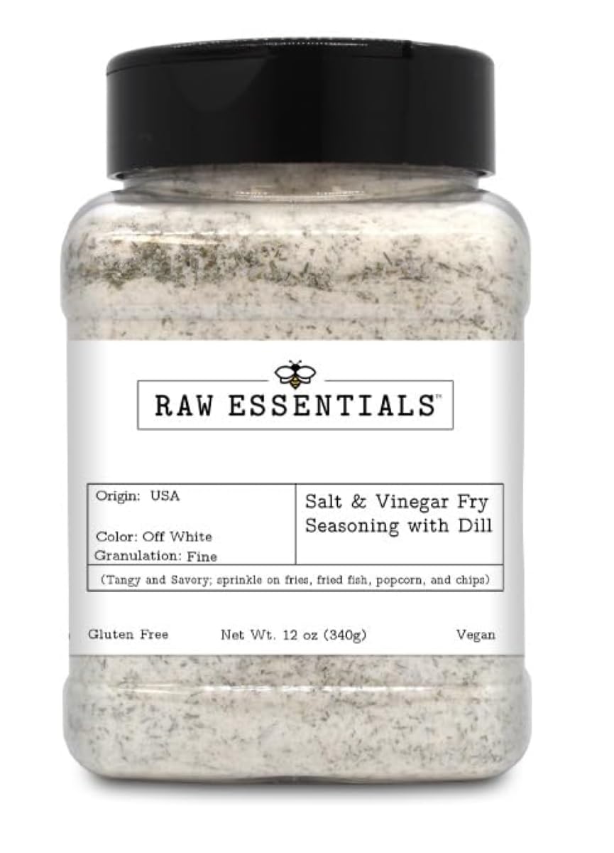Raw Essentials salt-vinegar-dill seasoning bottle elevating fries with tangy dill