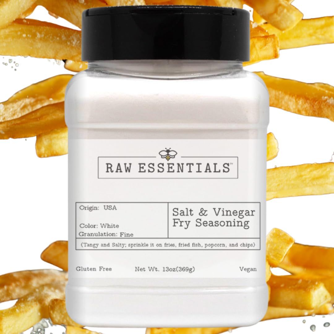 Raw Essentials Salt and Vinegar Fry Seasoning bottle front highlights tangy flavor for fries