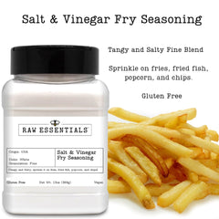 Raw Essentials Salt and Vinegar Fry Seasoning poured over fries for crispy flavor