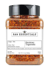 Raw Essentials Shichimi Togarashi spice bottle enhances ramen with citrusy pepper warmth