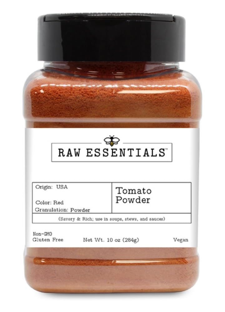 Raw Essentials Tomato Powder: bowl pour shows ready-to-use flavor for sauces.