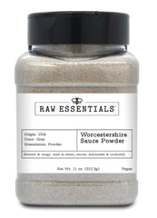 Raw Essentials Worcestershire Powder bottle close-up showing bold tangy flavor for stews and sauces.