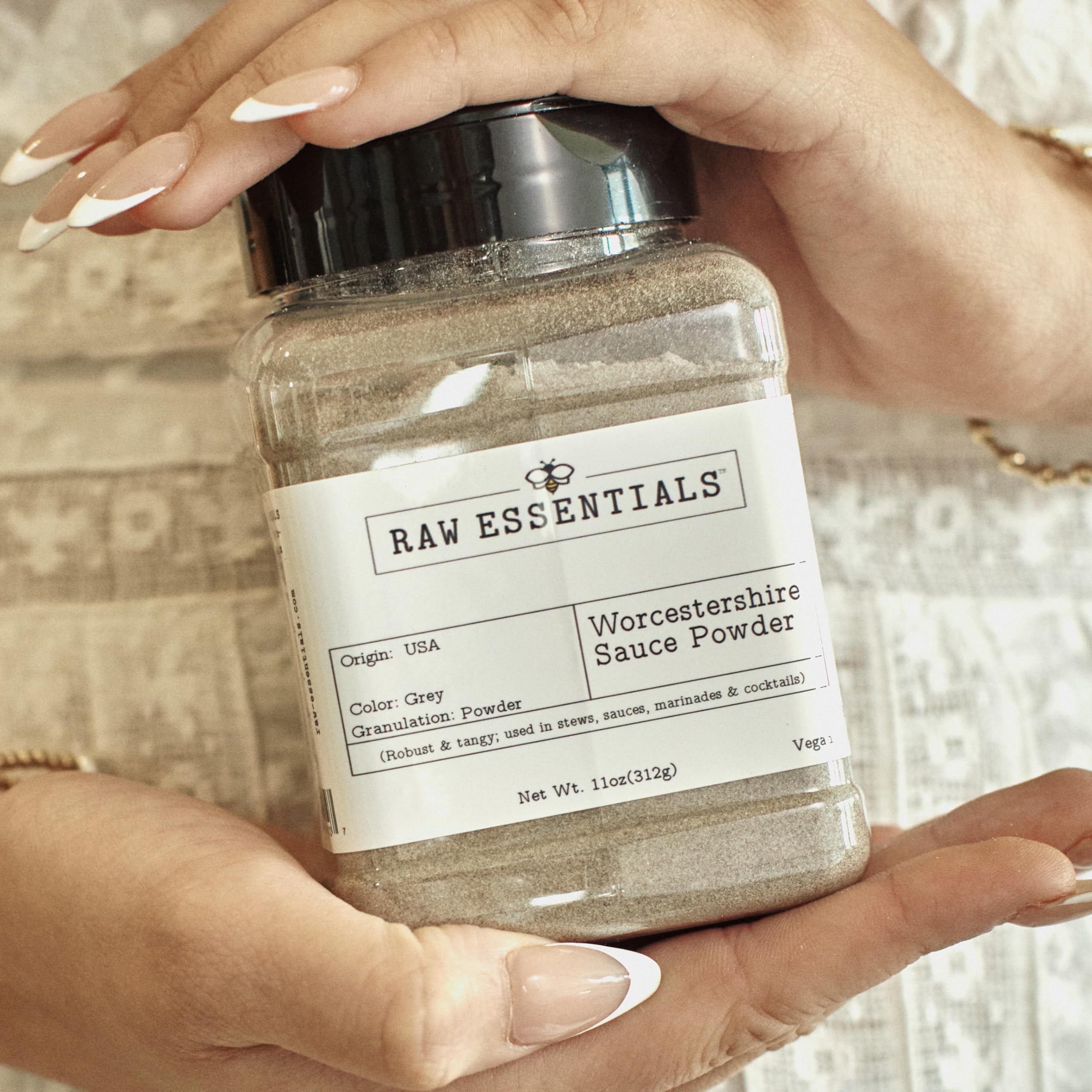 Raw Essentials Worcestershire Powder ingredients label emphasizing plant-based umami option.