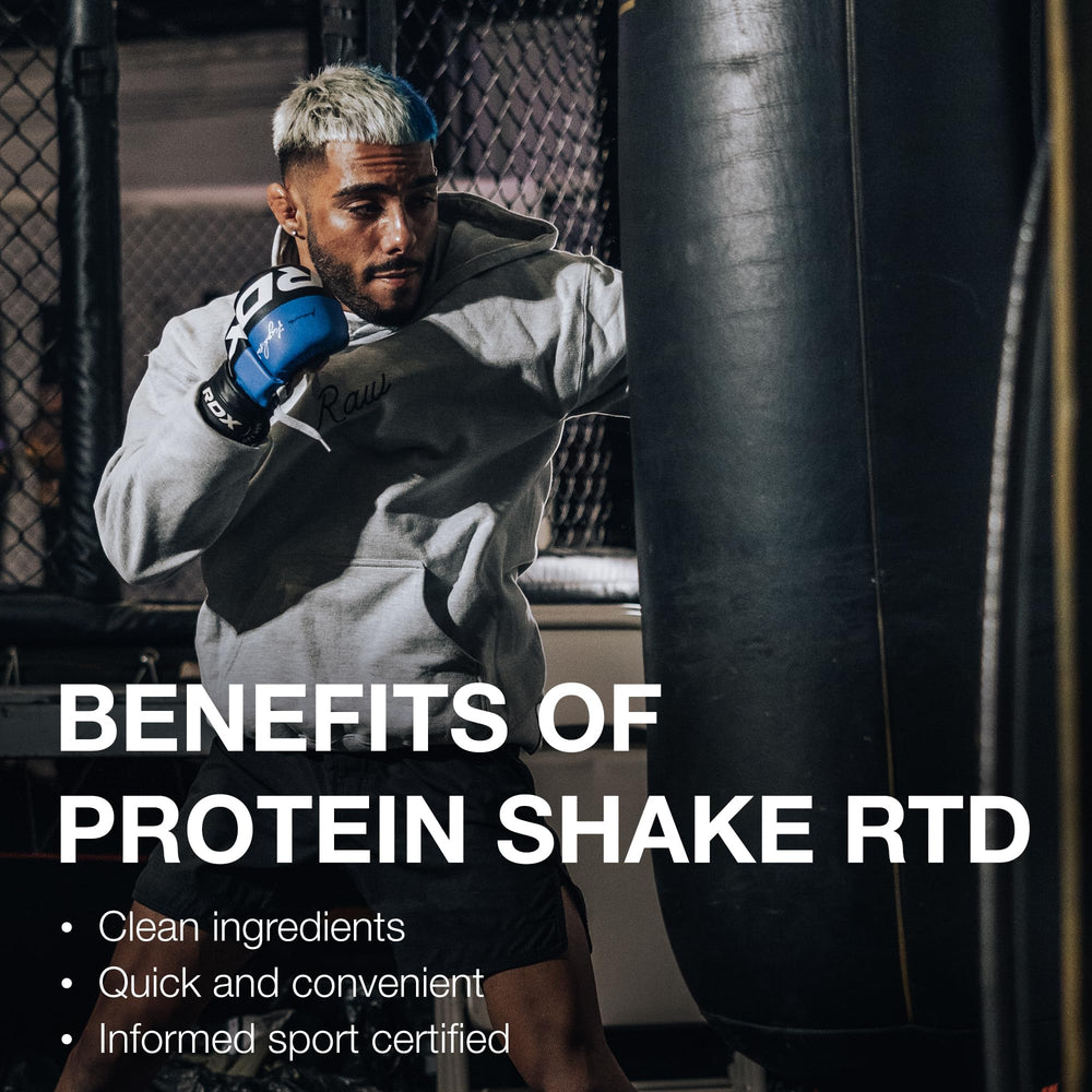 RAW Vanilla RTD nutrition panel highlights 150 calories and 2 g fat per bottle.