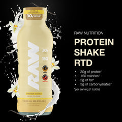 RAW Vanilla RTD bottle closeup showcases convenient nutrition for on-the-go breakfasts and workouts.