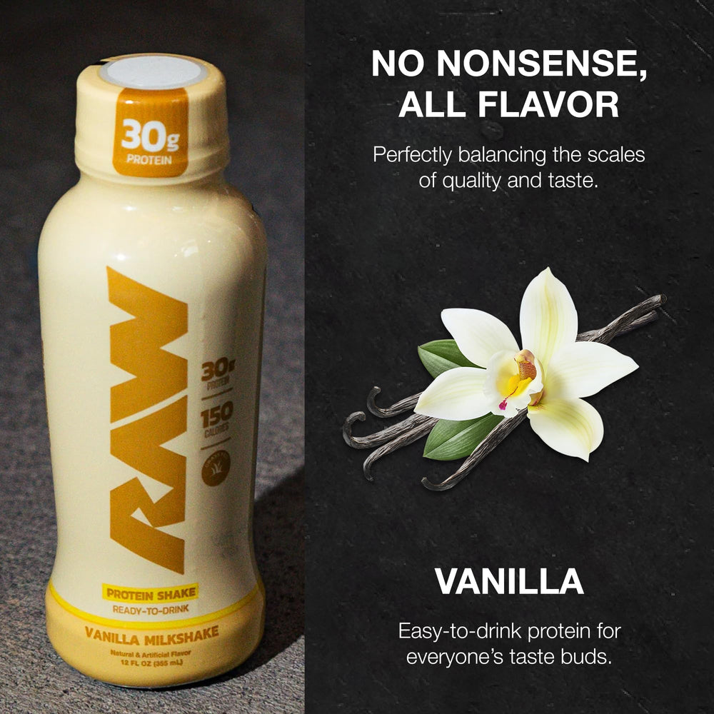 RAW Ready-to-Drink vanilla bottle back displays clear ingredients and premium build.