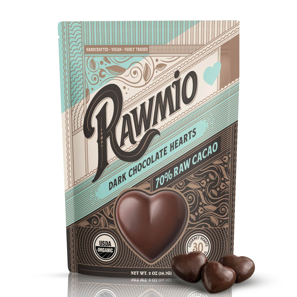 Rawmio dark chocolate hearts close-up showing 70% cacao for rich flavor and vegan indulgence.