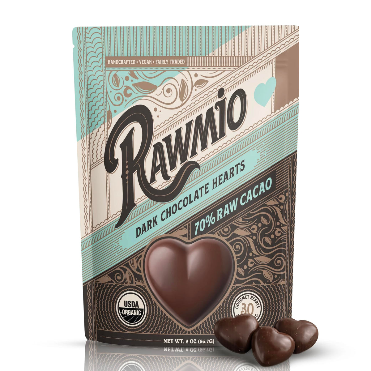 Rawmio dark chocolate hearts close-up showing 70% cacao for rich flavor and vegan indulgence.
