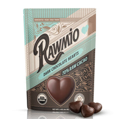 Rawmio dark chocolate hearts close-up showing 70% cacao for rich flavor and vegan indulgence.