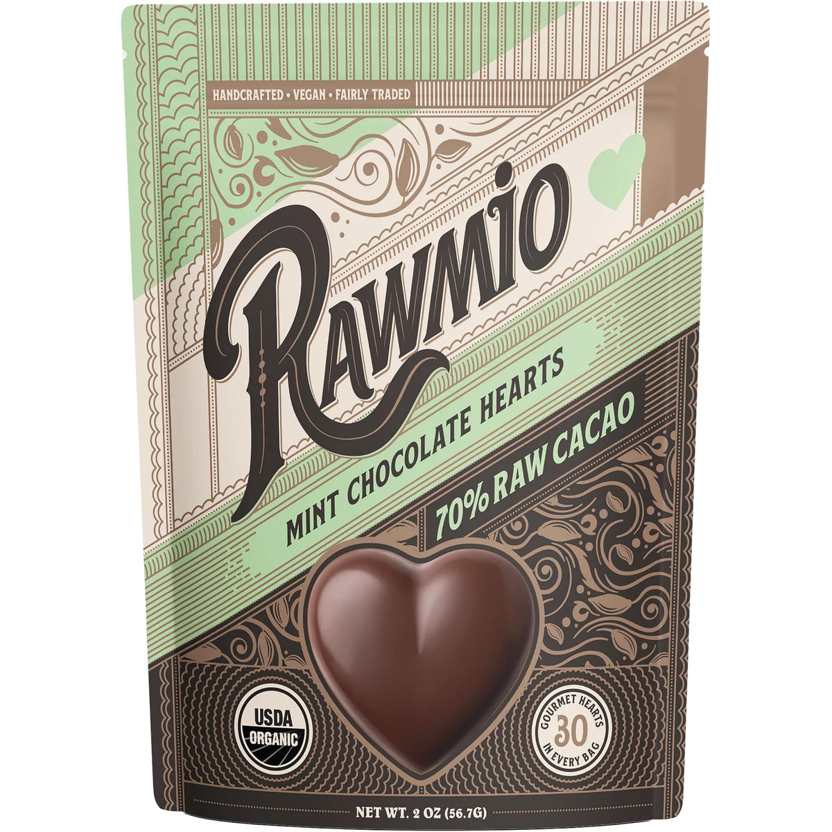 Rawmio mint chocolate hearts with 70% cacao, ideal for gifting and savoring