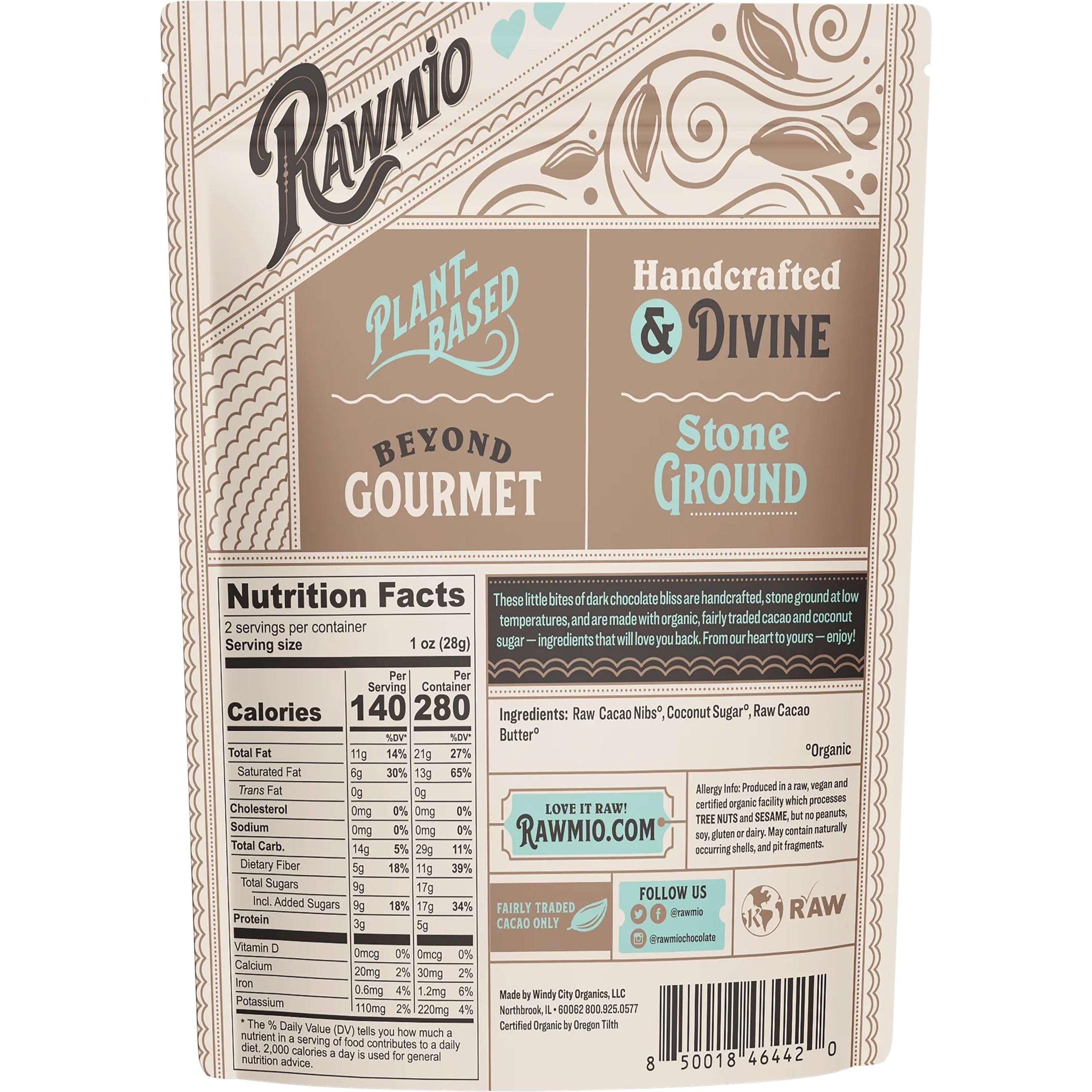 Rawmio raw cacao nibs texture close-up highlighting stone-ground quality and low-heat processing.