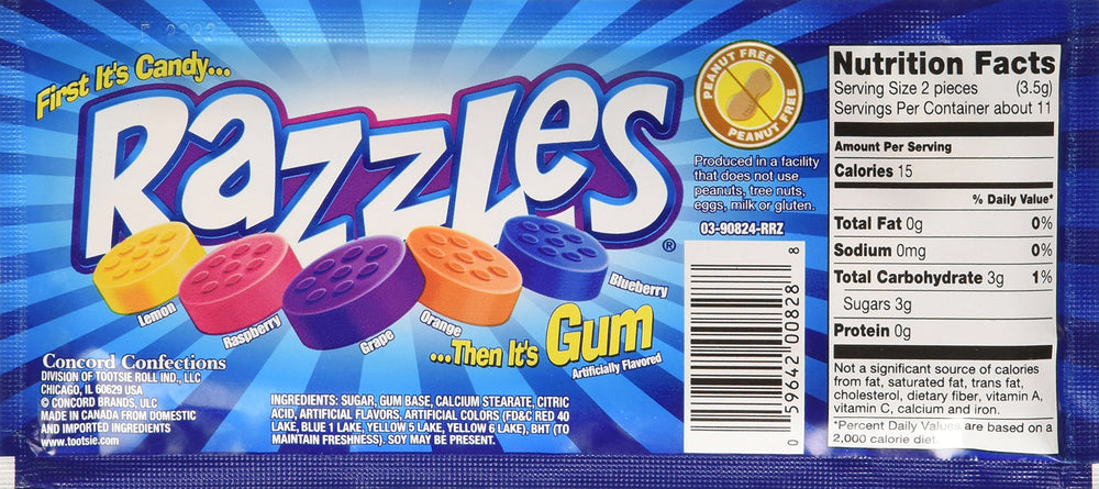 Razzles candy-to-gum transition graphic highlights dual-texture delight.