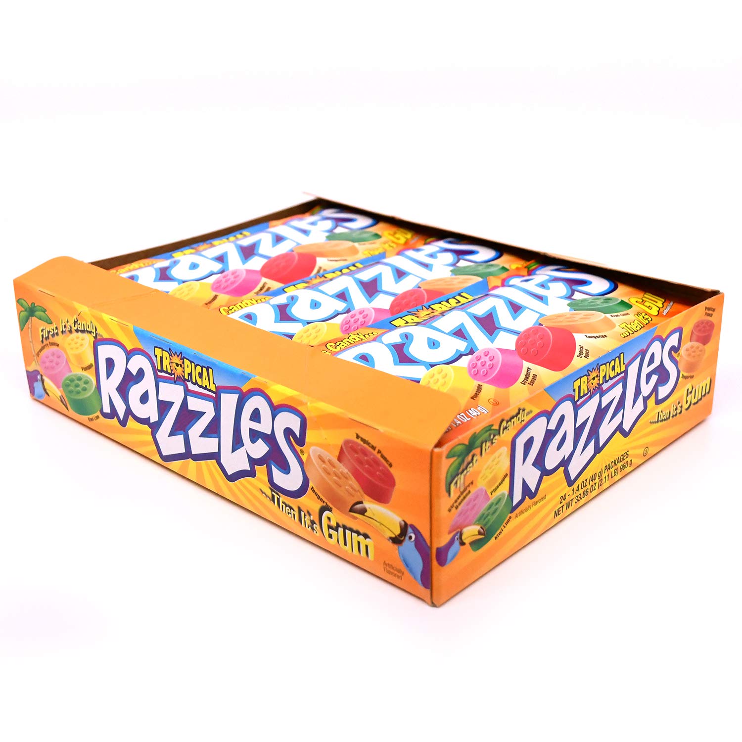 Razzles tropical flavors collection in a 24-pack for sharing and on-the-go snacking