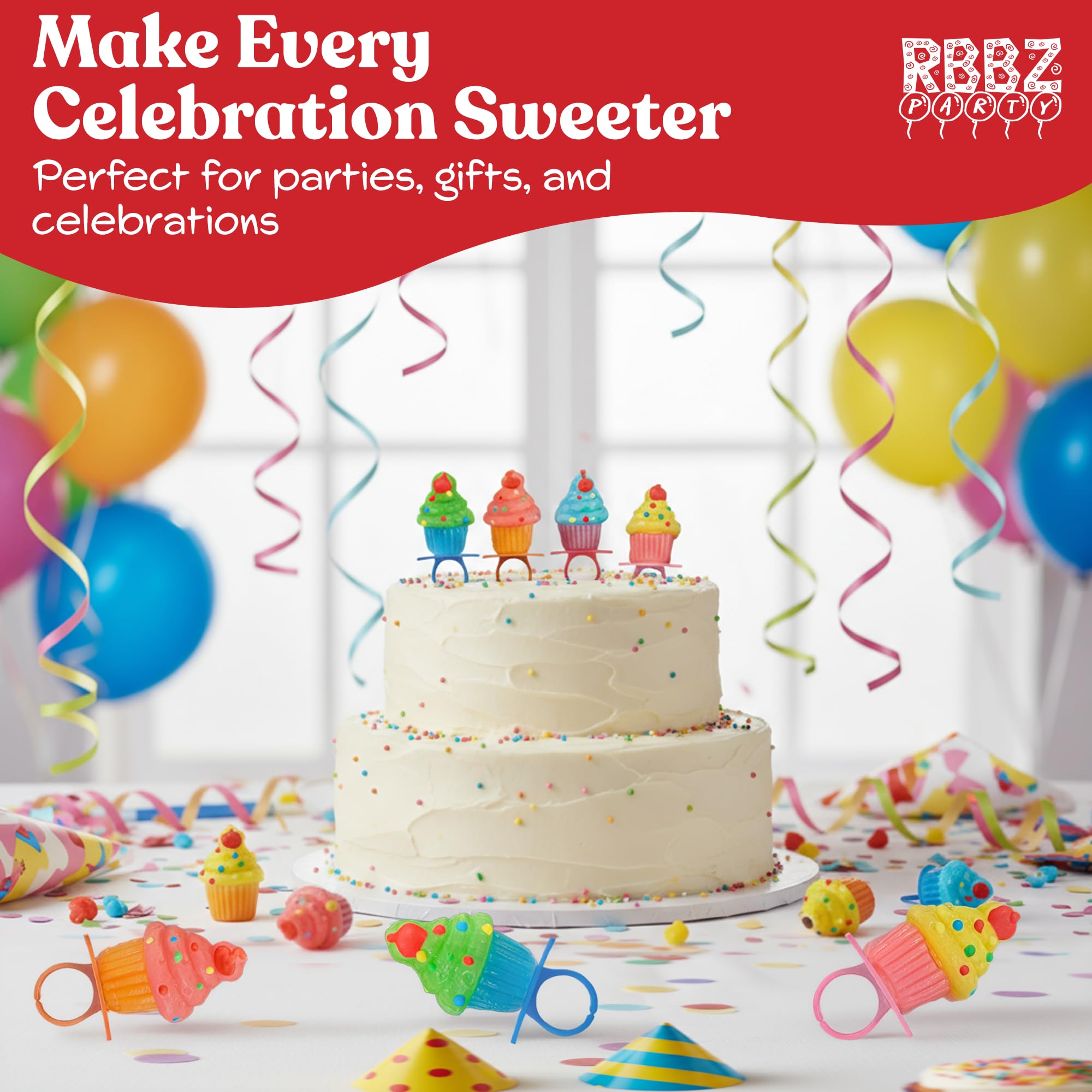 RBBZ Party colorful cupcake rings displayed on a dessert table