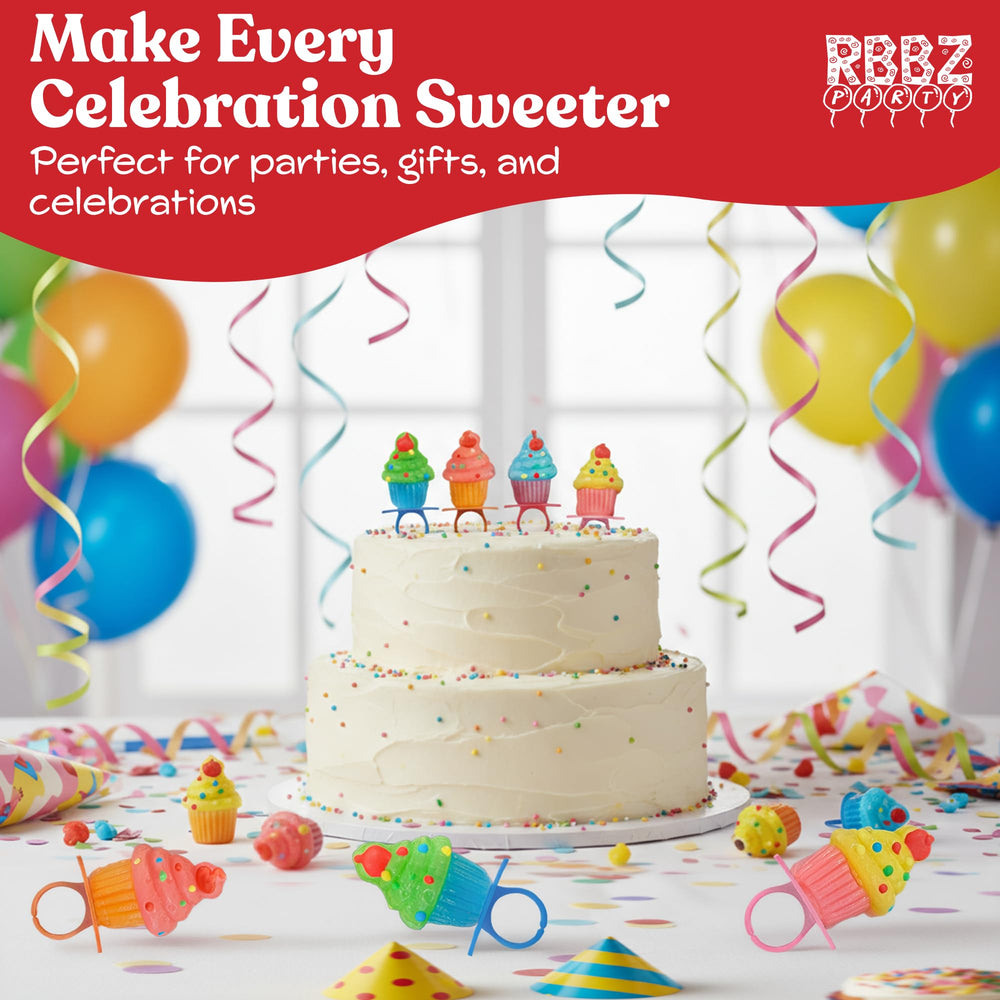 RBBZ Party colorful cupcake rings displayed on a dessert table