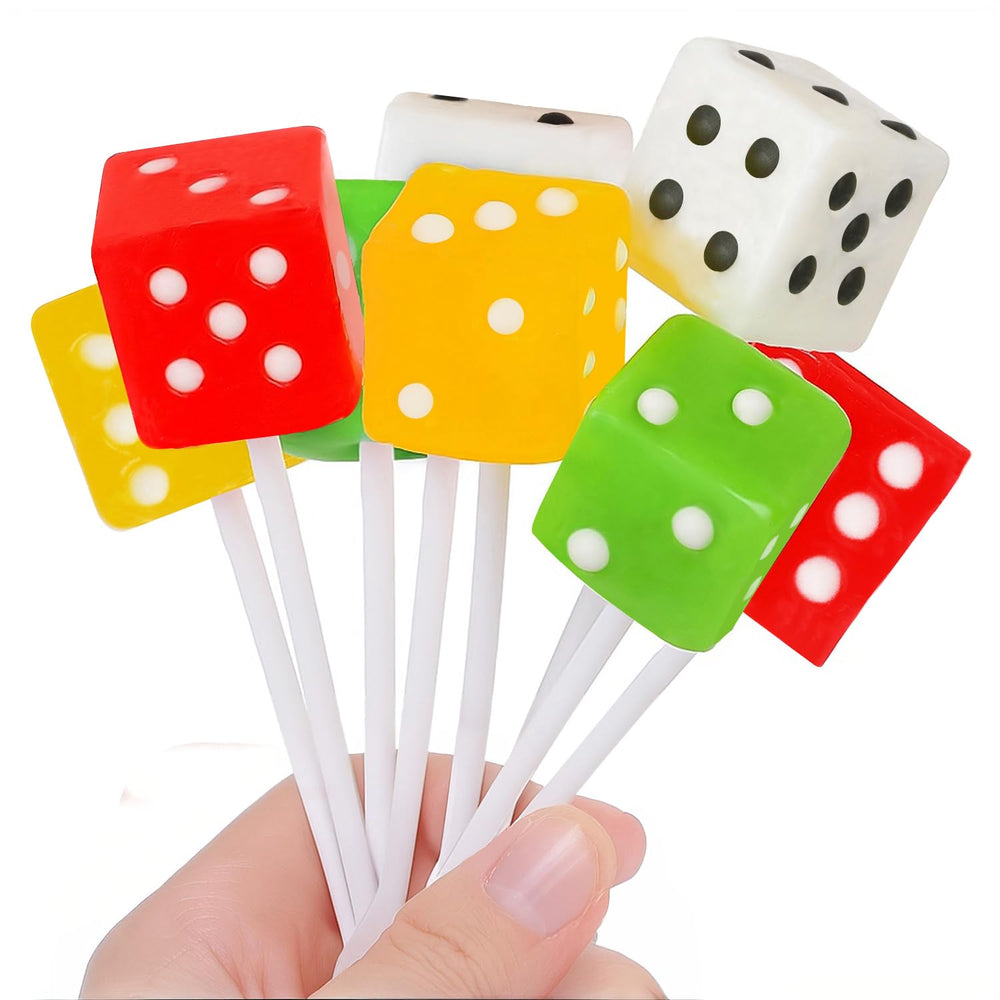 RBBZ Party Dice Candy Lollipops, assorted colors, ideal for casino night party favors.