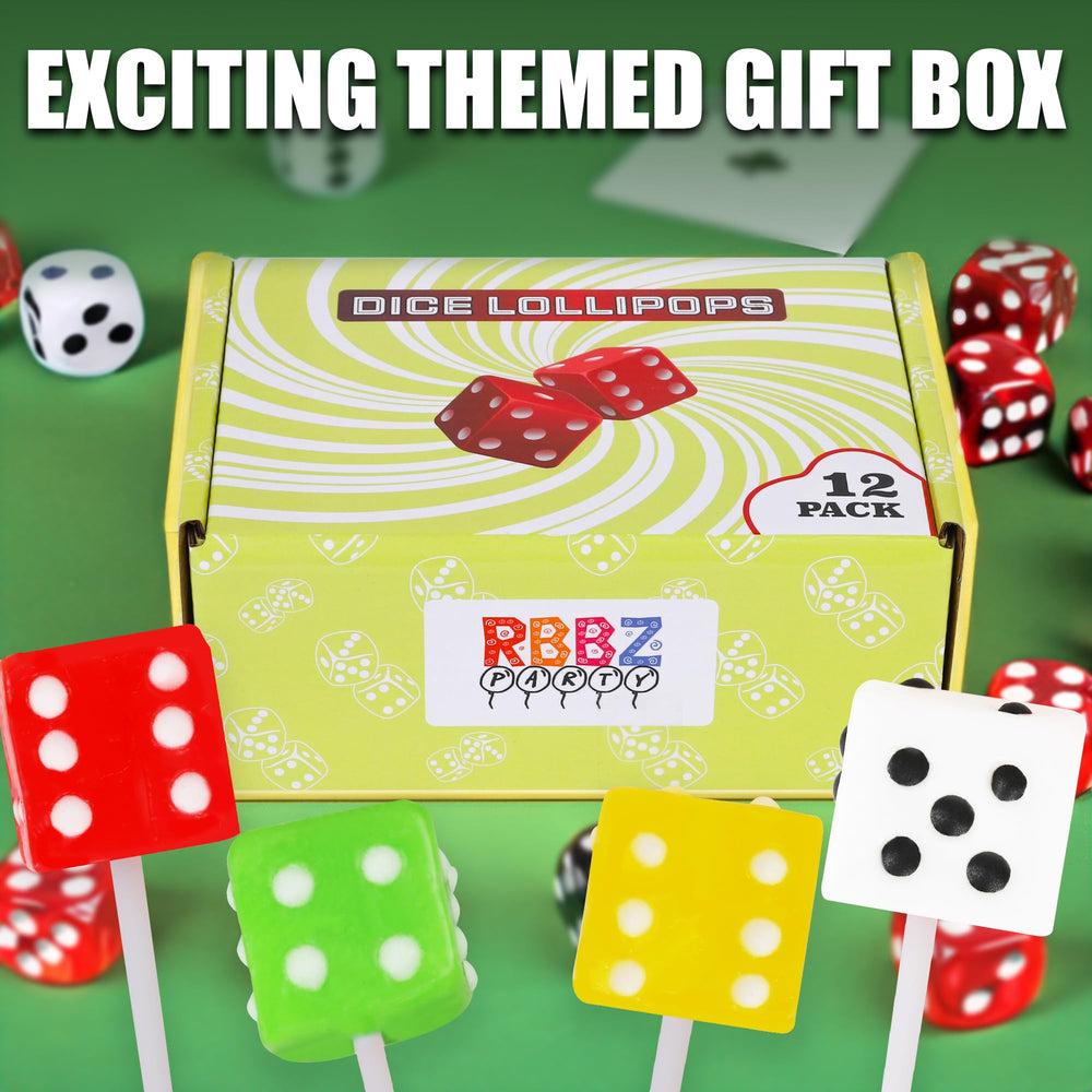 RBBZ Party Dice Candy Lollipops, hand decorated with unique designs for gatherings.