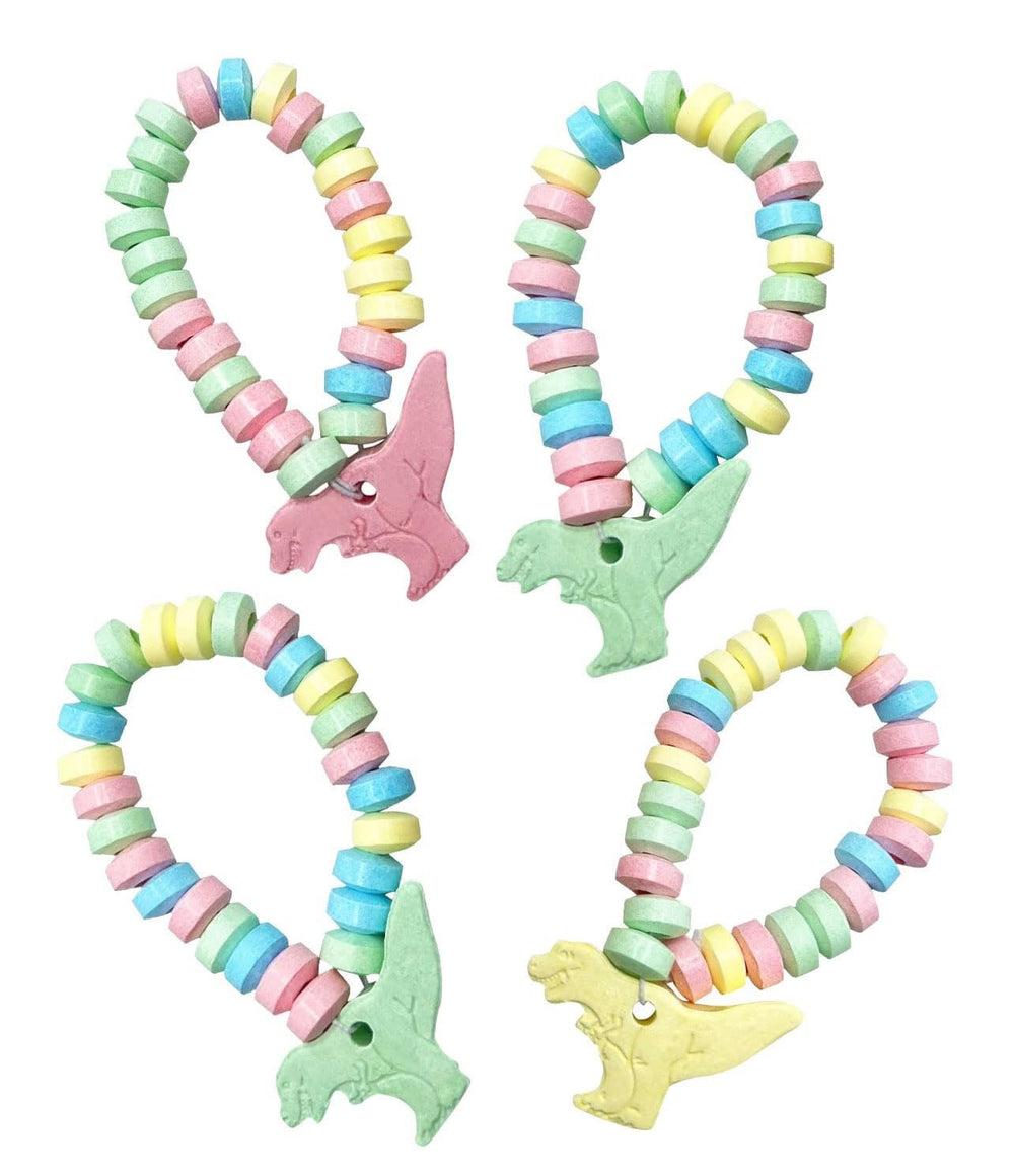 RBBZ Party Dinosaur Candy Bracelets packaging showing bulk 24 individually wrapped favors