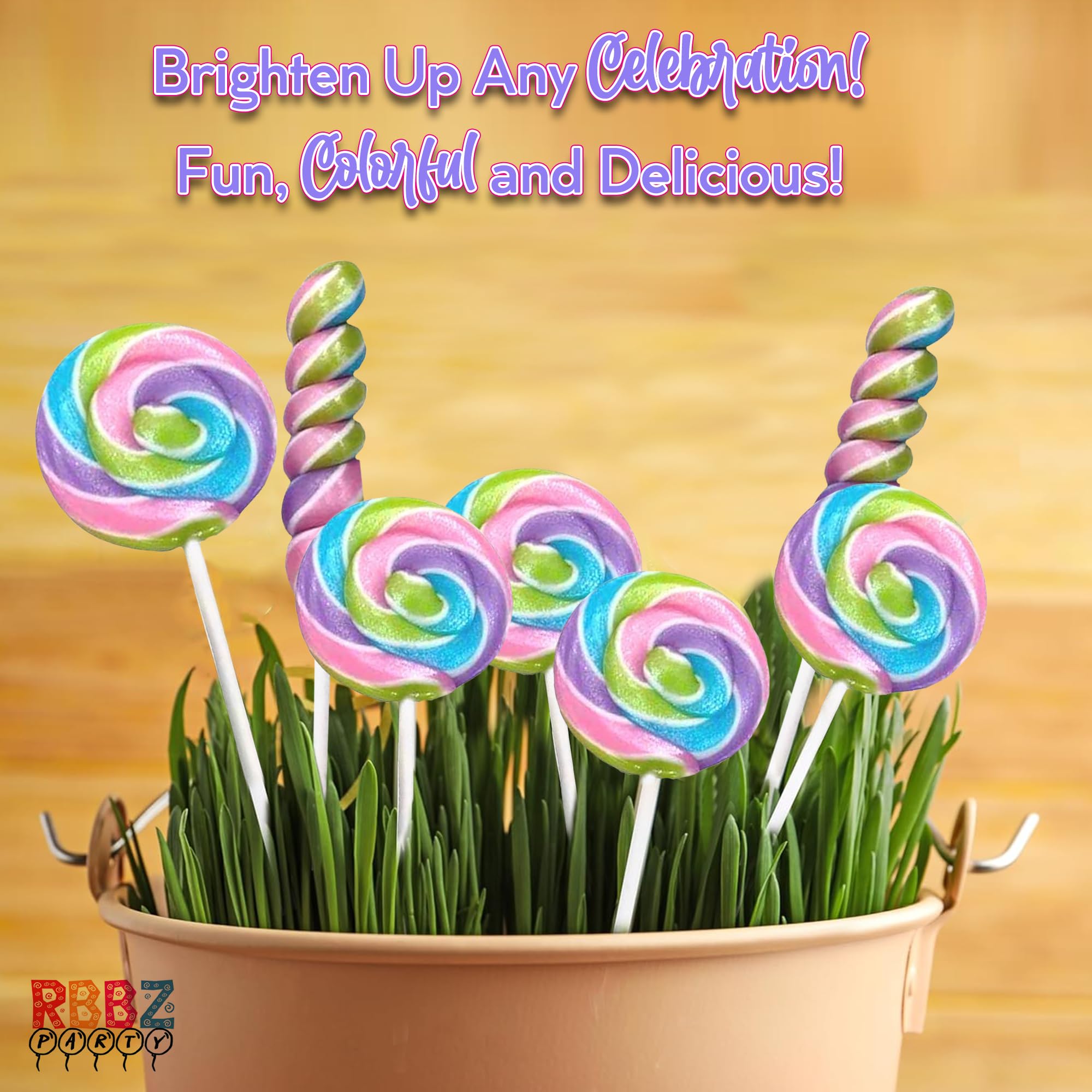 RBBZ Party swirl-lollipop on 4.5-inch stick, easy to portion for buffets.