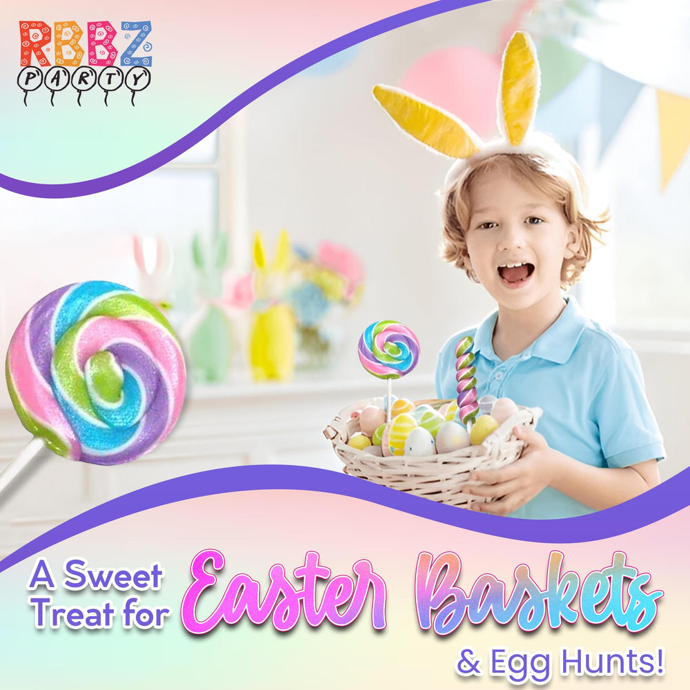 RBBZ Party Easter colors swirl lollipop image, 2-inch candy with 4.5-inch stick, bright for baskets.