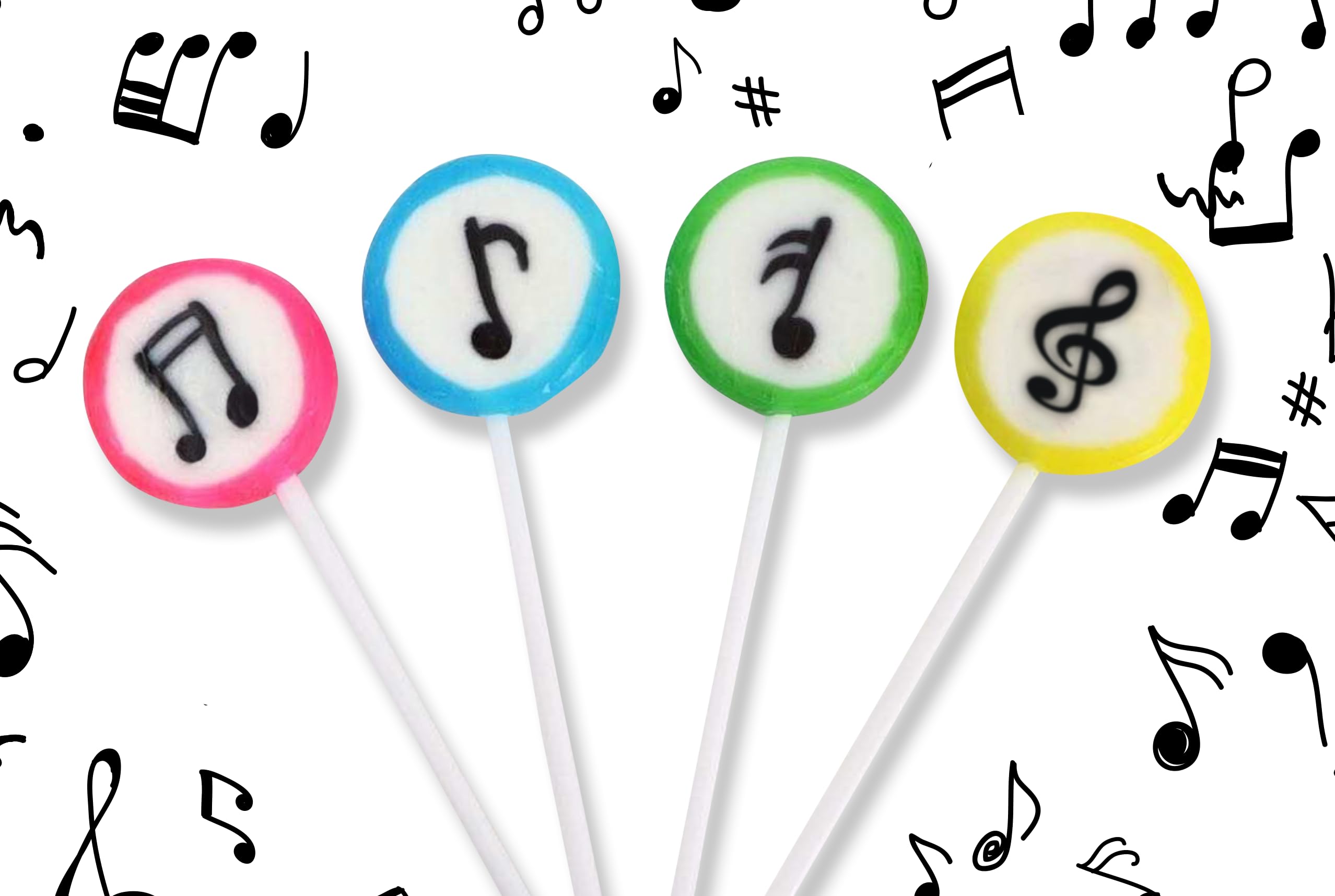 RBBZ Party Music Candy Lollipops close-up, ideal party favors with music-theme appeal.